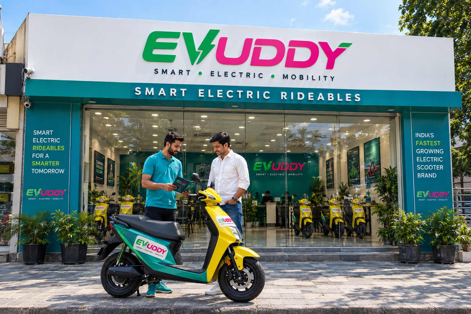 EVUDDY dealer showroom with yellow scooters and riders