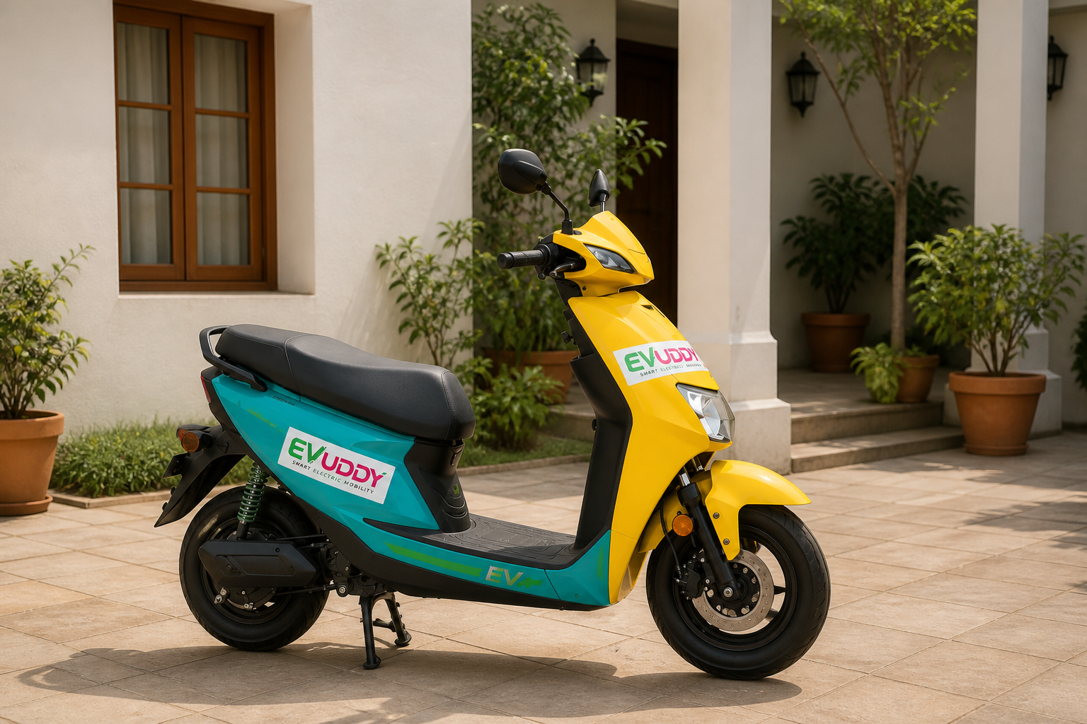 EVUDDY scooter parked at a home courtyard